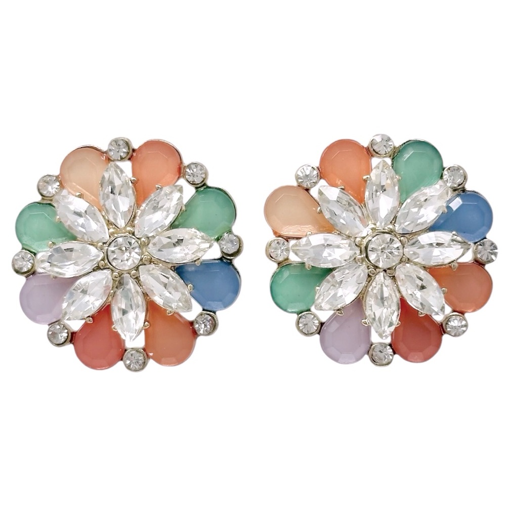 Multicolor Flower Large Statement Stud Fancy Rhinestone Earrings